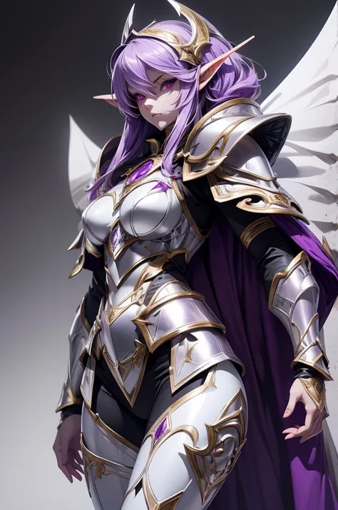 female elf knight, full body art, purple hair, white skin, red iris eye, knight full plate adorned armor, silver cape, perfectly detailed