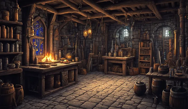 middle Ages，The inside of a cold weapon store,Beautifully detailed pixel art, middle Ages冷兵器商店内 setting, middle Ages冷兵器商店 详细的幻想插画, Realism of complex objects, Detailed 4k , 4K detail art, Detailed 4k, Detailed fantasy digital art