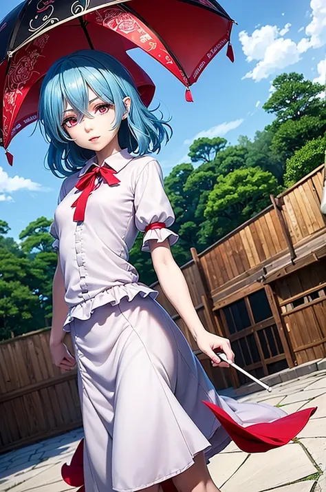 remilia scarlet (touhou). in garden green, walking wing white vintage umbrella. look at viewer. cute face. blue hair. red eyes, ...