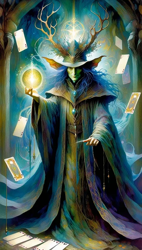 tarot card, the magician, ((text on card: "EL MAGO"))artwork by Brian Froud and Carne Griffiths and Wadim Kashin, intricate details, oil
