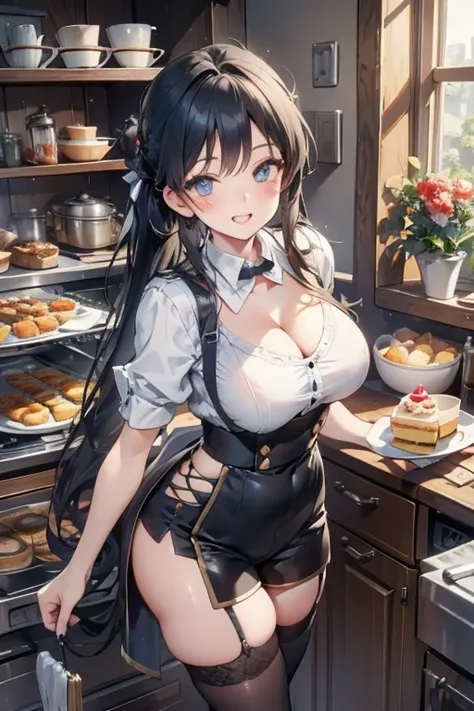 (dynamic angle:1.3, front view:1.1, breast focus:1.3, from above:1.1), (dynamic posing:1.2, sexy posing:1.2), (seductive smiling:1.3), ((looking at cake,Taking a cake out of the golden oven, worried about the outcome:1.2)),highest quality、(real、photorealis...