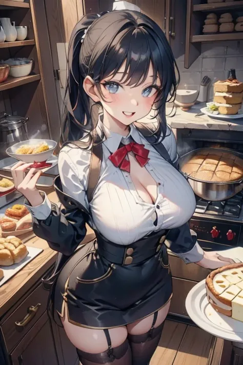 (dynamic angle:1.3, front view:1.1, breast focus:1.3, from above:1.1), (dynamic posing:1.2, sexy posing:1.2), (seductive smiling:1.3), ((looking at cake,Taking a cake out of the golden oven, worried about the outcome:1.2)),highest quality、(real、photorealis...