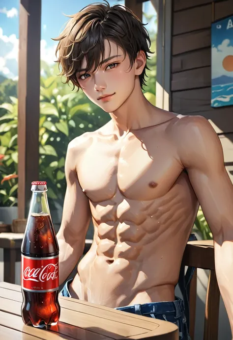 Realistic, a glass bottle of soda, on the table, summer noon, a 14 y/o idol boy, --no shirt, abs, (smile:0.7)