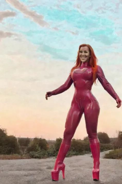 
evedef, green eyes, orange hair, flowing cape, pink bodysuit, gloves, shorts, boots, looking at viewer, smiling, flying, in the air, blue sky, clouds, extreme detail, masterpiece,
