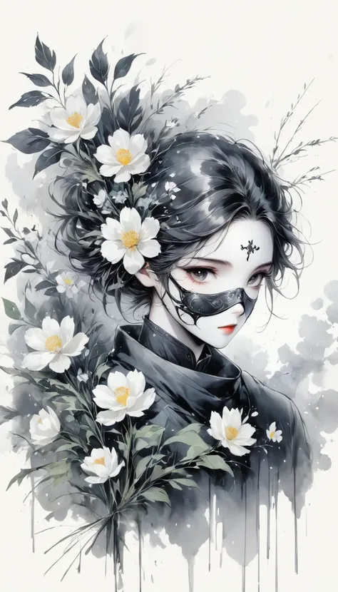 (Anime line drawing:1.5)，black and white painting，Minimalism，line art，sketch，Charcoal drawing，mask，flower