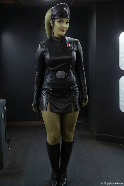 cinematic film still hera syndulla, (green skin:1.2), grin at canal, full body imperail officer wearing a black uniform with a skirt, standing in a dark interior, highly detailed, high budget Hollywood movie
