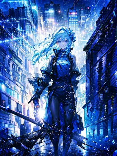 Beautiful women、Long Field Angle、Highest quality、Super detailed、masterpiece、Transparent light blue hair、Crystal-like hair、Blue eyes that shine like jewels、Wet Hair、City building street、in the rain、Combat Uniform、Have a weapon