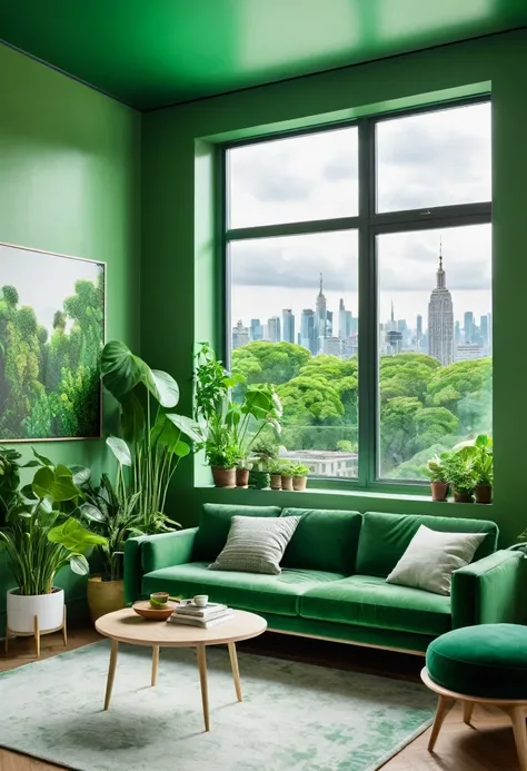 A green living room with a green sofa, green walls, and a green ceiling. There are plants in the room and a view of the city outside. The mood is peaceful and relaxing. The art style is modern and minimalist. The camera is positioned in the center of the r...