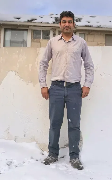 arafed man standing in front of a wall with a house in the background, Full body photo, around 19 years, Full body photograph, full body photography, very very low quality image, Full body photogenic shot, Full body profile camera shot., about 3 5 years, F...