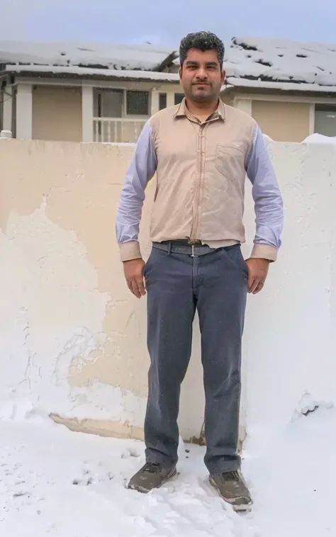 arafed man standing in front of a wall with a house in the background, Full body photo, around 19 years, Full body photograph, full body photography, very very low quality image, Full body photogenic shot, Full body profile camera shot., about 3 5 years, F...