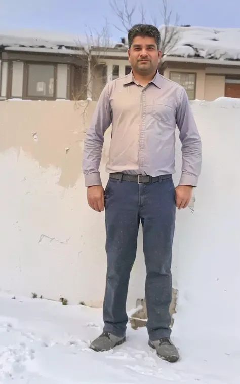 arafed man standing in front of a wall with a house in the background, Full body photo, around 19 years, Full body photograph, full body photography, very very low quality image, Full body photogenic shot, Full body profile camera shot., about 3 5 years, F...