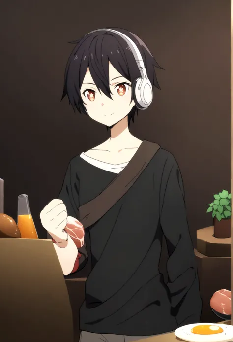 Create an anime-style character based on the following description: A friendly and teasing demeanor, with a passion for coding, AI, and game development. The character, named Aoki Kaito, has black hair and wears white headphones. They are dressed in a t-sh...