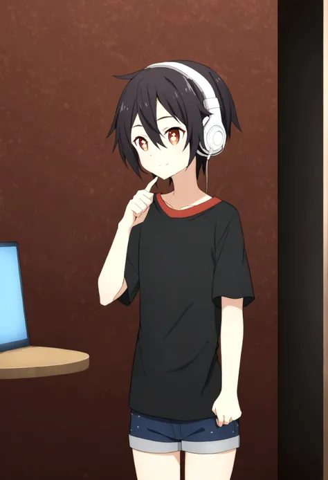 Create an anime-style character based on the following description: A friendly and teasing demeanor, with a passion for coding, AI, and game development. The character, named Aoki Kaito, has black hair and wears white headphones. They are dressed in a t-sh...