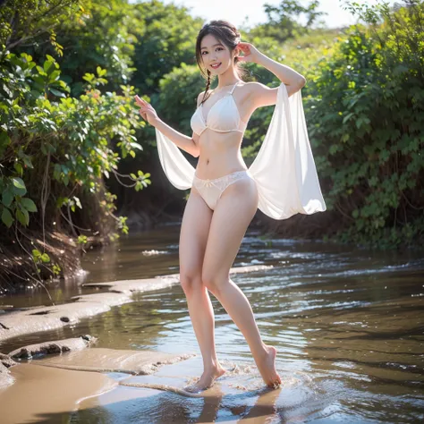 (((barefoot short-torsoed beautiful Japanese girls dancing on mud beach))), natural front lighting, ultra sharp focus,bright blonde braided twin hair, (((light silky pale white skin color))),blue large eyes with long eyelashes and double eyelids, dynamic a...