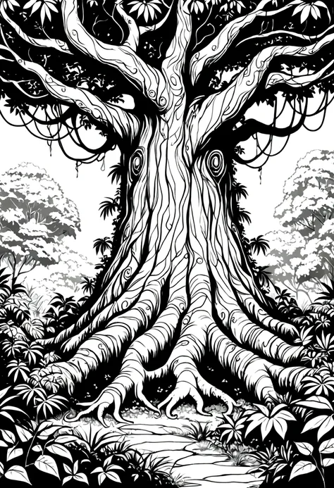 Rainforest，Big tree with vines entwined，Black and white line drawing，Line Art