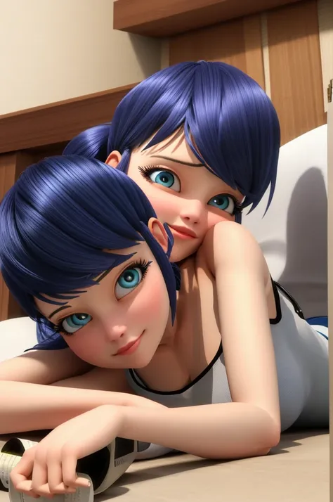 (8k, RAW photo, best quality, masterpiece:1.2), (intricate details), perfect eyes, perfect face, perfect lighting, beautiful, (masterpiece:1.2), (best quality:1.2), 1girl, solo, Marinette, blue hair, ((hair in ponytails)), adult torso, 19 years old, slight...