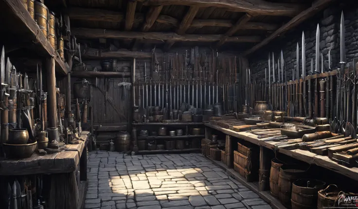 middle Ages，The inside of a cold weapon store, middle Ages冷兵器商店内 setting, middle Ages冷兵器商店 详细的幻想插画, Detailed 4k , 4K detail art, Detailed 4k, Detailed fantasy digital art，Anime style