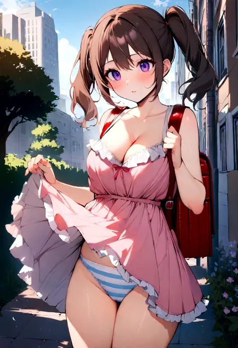 masterpiece, Highest quality, Nico_Yazawa,High resolution, 1 Girl, alone, Brown Hair, short hair, Twin tails、Purple eyes, Cowboy Shot, Frill dress, , Pink Dress, (Cleavage)、(Beautiful thighs)、city, Outdoor, garden, Carrying a red backpack, (randoseru backp...