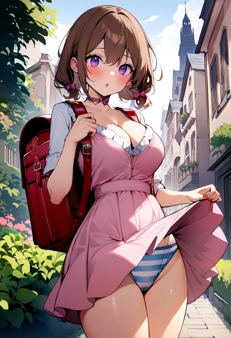 masterpiece, Highest quality, Nico_Yazawa,High resolution, 1 Girl, alone, Brown Hair, short hair, Twin tails、Purple eyes, Cowboy Shot, Frill dress, , Pink Dress, (Cleavage)、(Beautiful thighs)、city, Outdoor, garden, Carrying a red backpack, (randoseru backp...