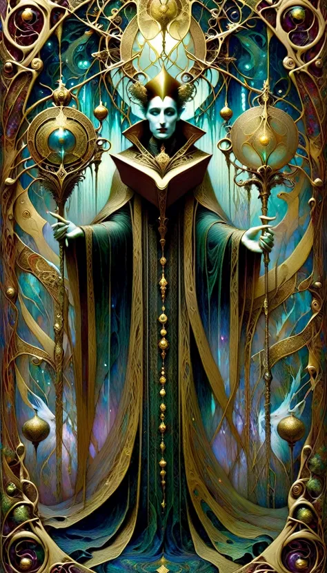 tarot card, the high priest, ((text on card: "EL SUMO SACERDOTE"))artwork by Brian Froud and Carne Griffiths and Wadim Kashin, intricate details, oil
