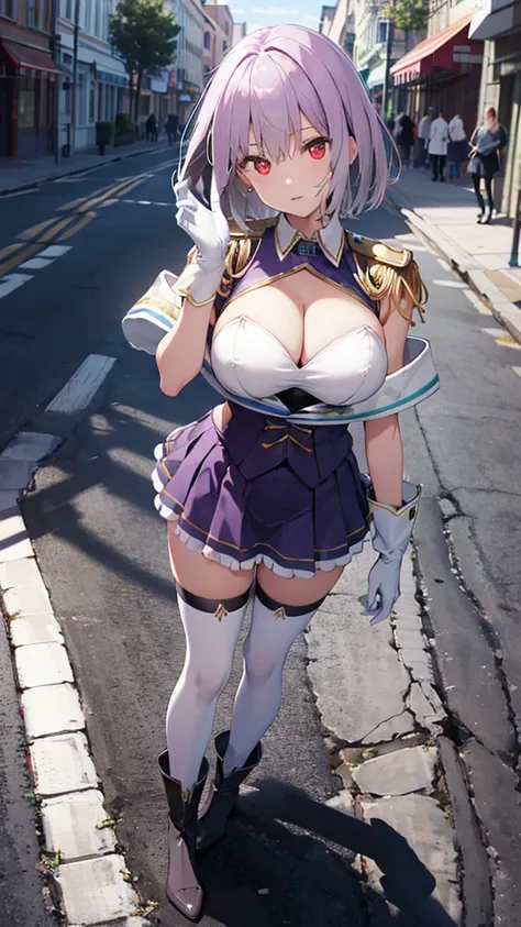 (full body),masterpiece, Highest quality, High resolution, male, short hair, Hello, Red eyes, Large Breasts, Cleavage, Epaulettes, White gloves, Elbow hand pockets, Purple Skirt, Knee socks, Cowboy Shot, (Pose in front)，Straight, street，Low - Angle，Downから，...