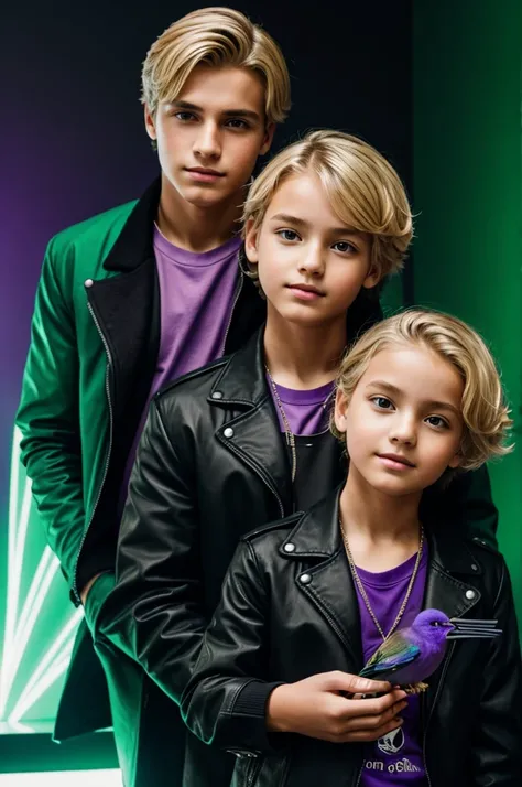 Boy with purple rays in his hands a blonde girl next to him in a black jacket and a green bird