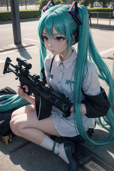 hatsune miku, shooting rifle