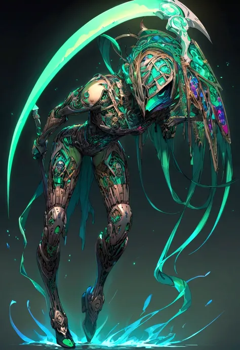 Full Body Cyber Death, forward , with a scythe , dark green 