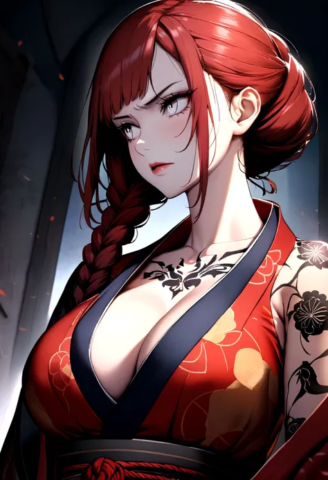 Front portrait of a beautiful Japanese woman ((irezumi tattoo-1.2), her upper chest; Dressed in a hanging kimono, traditional braided hair; (Red head-1.3), white eyes with gray details; She was angry and bad-tempered; (Her body is covered with scars), firm...