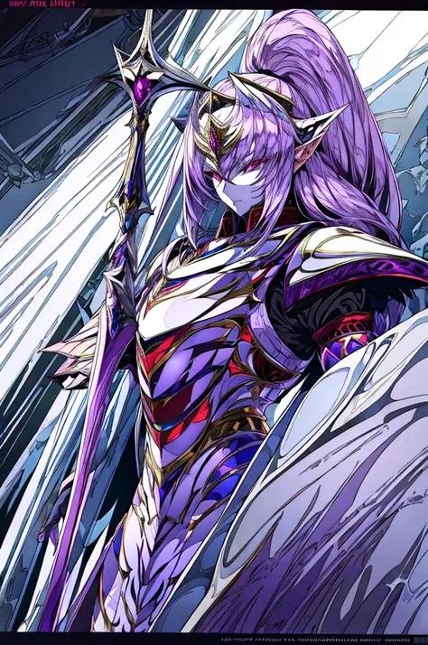 female elf knight, full body art, purple hair, white skin, red iris eye, knight full plate adorned armor, silver cape, perfectly detailed