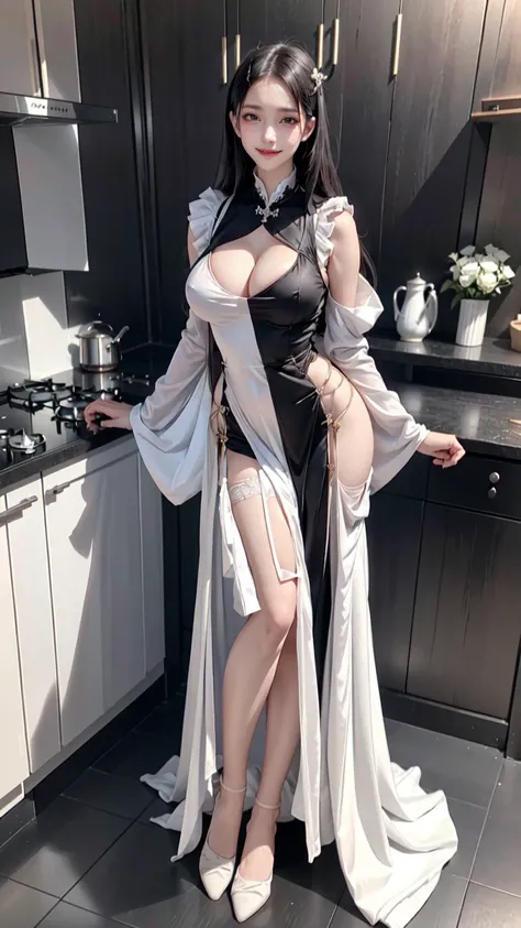 see through clothes(Full body female love:1.3)，best quality, masterpiece, ultra high resolution, (lifelike:1.4), original photo, 1 female,30 years old， black hair, big eyes, Detailed eyes and face,huge breasts，split，long legs，Belted robe open ，bare shoulde...