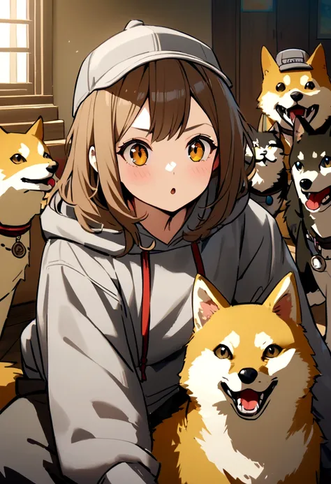 Brown Hair、Wolf Hair、The eyes are large、Long eyeliner、I like Shiba Inu, cats, and games.、The outfit is a grey hoodie and grey cap.。