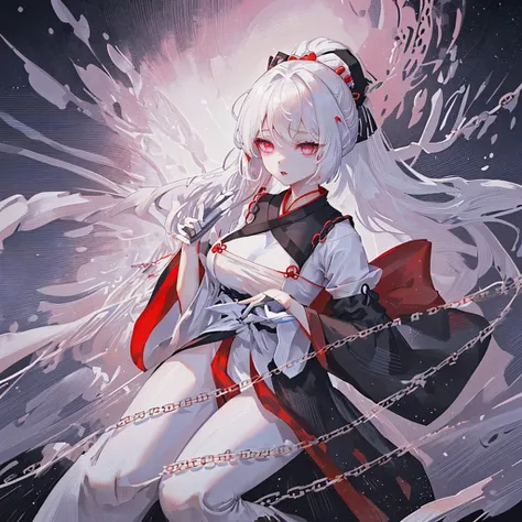 A woman only a hanfu with a bow at the waist and sleeves, big breasts, a white bodysuit, black chains, hair, half white, black, degrade red. cerulean eyes. Lunar space background the dress highlights your figure.