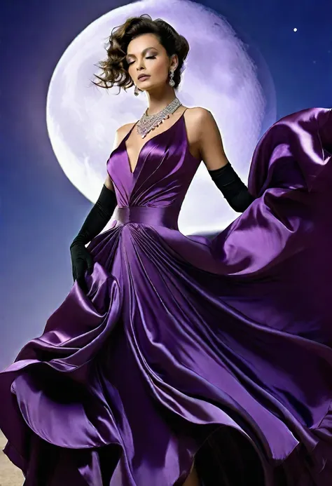 long flowing skirt, arms and back exposed, sparkling, ideal figure, large bust and fair skin, wearing gorgeous deep purple satin...