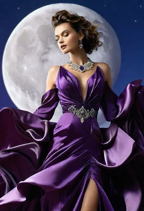 long flowing skirt, arms and back exposed, sparkling, ideal figure, large bust and fair skin, wearing gorgeous deep purple satin...