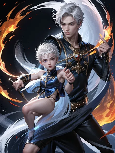 (Martial arts style works),(quality),(height)   ,1 boy,light black eyes, Short, dark indigo white hair., alone,(Detailed background of a young boy),A handsome, cool and detailed face.,fire fairy tale,(fire dragon race),The body is muscular and shiny.,hand ...