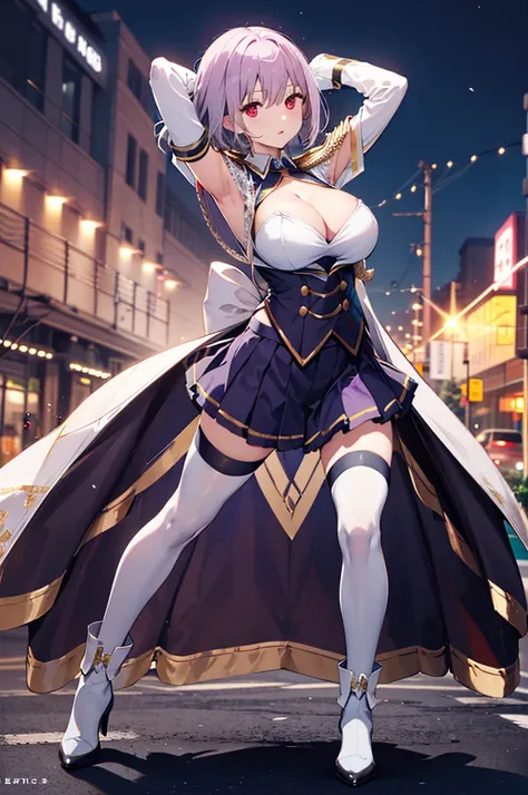 (full body),masterpiece, Highest quality, High resolution, male, short hair, Hello, Red eyes, Large Breasts, Cleavage, Epaulettes, White gloves, Elbow hand pockets, Purple Skirt, Knee socks, Cowboy Shot, (Pose in front, Squat，Place your hands behind your h...