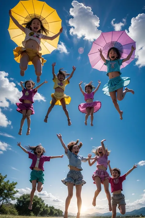 Imagine five children of different ethnicities and ages, all with radiant smiles and colorful clothes, jumping happily together towards the sky. They are in the air, with arms and legs extended, expressing a sense of freedom and happiness. The background i...