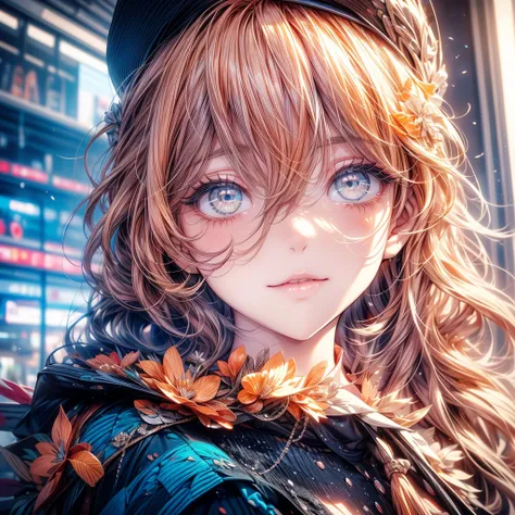 super verbose、highest quallity、a beautiful girl、long curly orange hair、Messy hair、disordered hair、orange eyelashes、diamond eyes、turquoise eyes、Beautiful  eyes、 lips、spectacular view