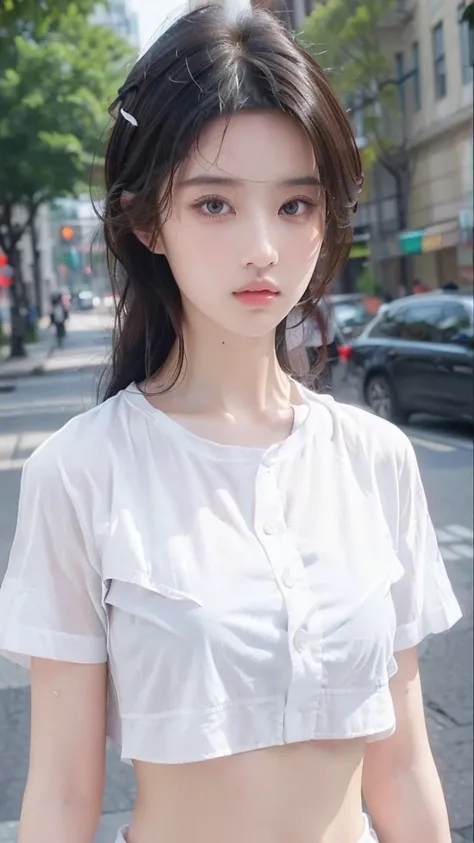 ((best quality, 8K, masterpiece: 1.3)), sharp: 1.2, Perfect body beauty: 1.4, Slim abdominal muscles: 1.2, ((Layered Hairstyle, :1.2)), (White Button Short Sleeve Shirt: 1.1), (street: 1.2), wet: 1.5, Highly detailed face and skin textures, Beautiful eyes,...