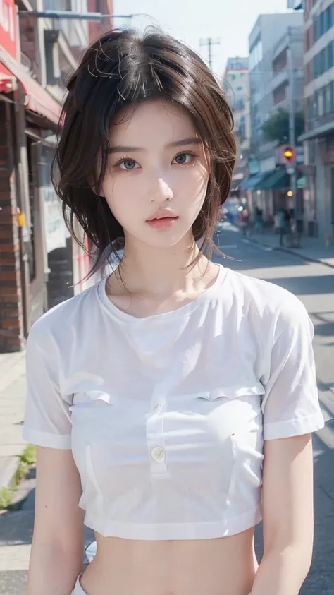 ((best quality, 8K, masterpiece: 1.3)), sharp: 1.2, Perfect body beauty: 1.4, Slim abdominal muscles: 1.2, ((Layered Hairstyle, :1.2)), (White Button Short Sleeve Shirt: 1.1), (street: 1.2), wet: 1.5, Highly detailed face and skin textures, Beautiful eyes,...