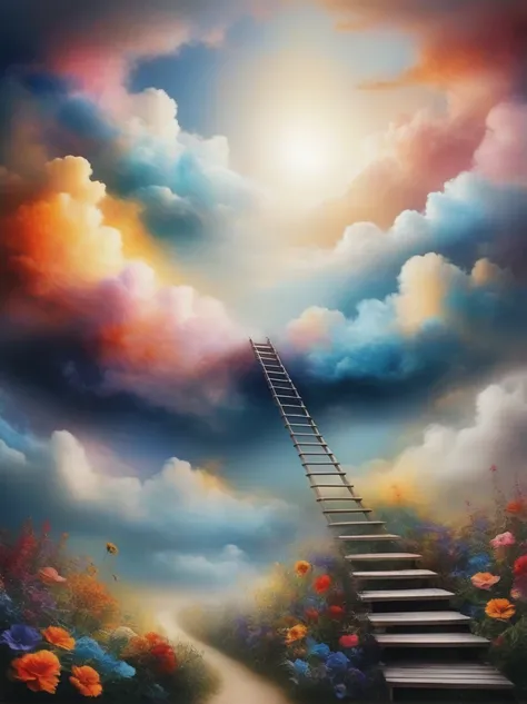 Endless ladder，The ladder disappeared into the clouds.

Fantasy style. Fantasy dream art. mystery.

Surreal,

