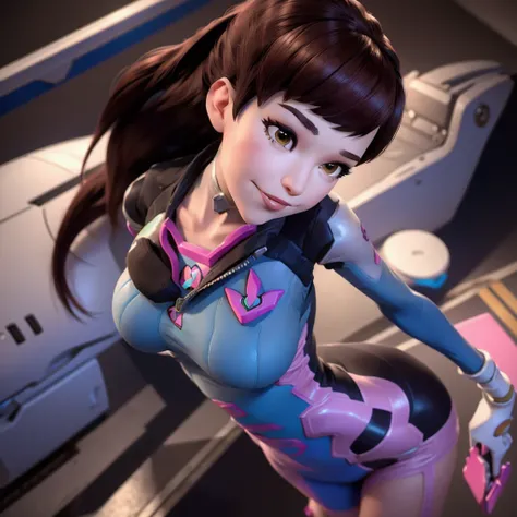 ((DVA from Overwatch)) without her mech, a woman with short brown hair in a (ponytail),she stands in Busan Korea, high quality refelctions, volumetric lighting, she is wearing her classic thin tight figure hugging stretchy pink white and ((blue)) full body...