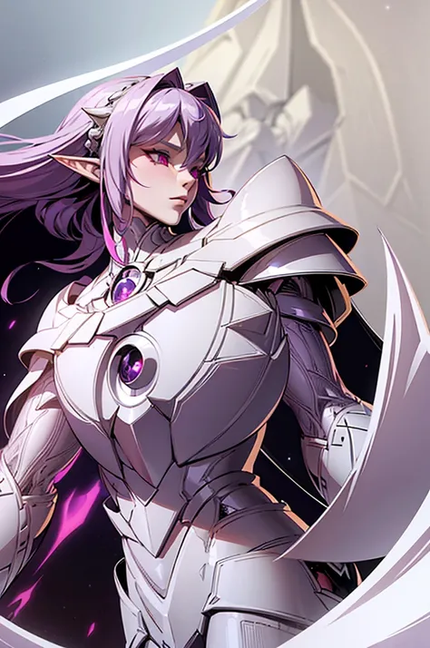 female elf knight, full body art, purple hair, white skin, red iris eye, knight full plate adorned armor, silver cape, perfectly detailed