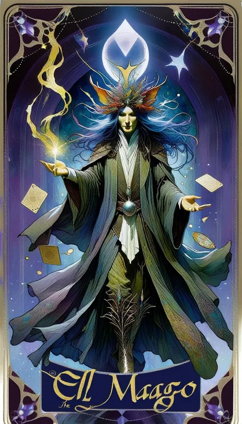 tarot card, the magician, ((text on card: "el mago"))artwork by brian froud and carne griffiths and wadim kashin, intricate deta...