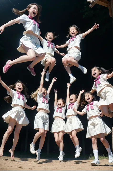 Visualize five children of different ages and ethnicities excitedly jumping together in sync, capturing the moment in the air. They are all smiling and seem to be having a lot of fun. The background is completely white, highlighting the joy and contagious ...