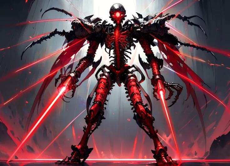 Full Body Cyber Skeleton Monster. Standing in front, red in color , with a laser cannon 