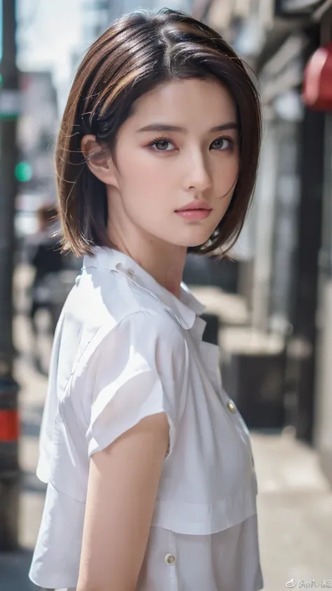 ((best quality, 8K, masterpiece: 1.3)), sharp: 1.2, Perfect body beauty: 1.4, Slim abdominal muscles: 1.2, ((Layered Hairstyle, :1.2)), (White Button Short Sleeve Shirt: 1.1), (street: 1.2), wet: 1.5, Highly detailed face and skin textures, Beautiful eyes,...