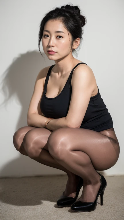 Japanese,mature, (alone), 30 years old, (double),whole body,Bun Hair, Glamour, Large Breasts、Pure white skin, Photographed from the front,Observe the audience、(Black Tank Top)、Black Pantyhose,(Black high heels)、In front of a white wall、Squat,