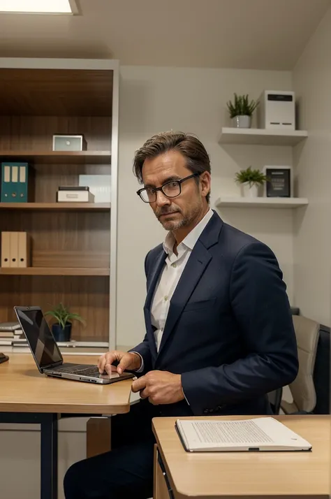 A middle-aged man in a well-fitted navy blue suit is working diligently at his modern, minimalist office desk. He has short, neatly combed hair and is wearing stylish glasses. The office space is bright and spacious with large windows letting in natural li...